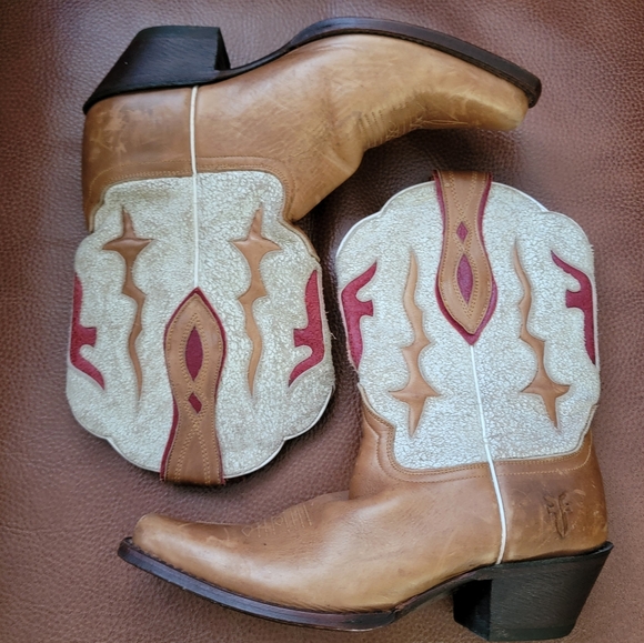 Frye Lilly Tan Brown Leather Cowgirl Western Cowboy Boots, Size 7.5 - Picture 3 of 7